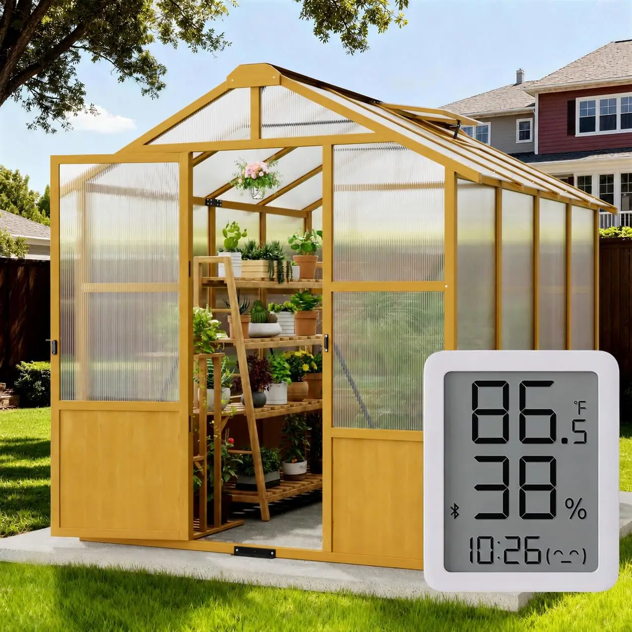 6X8FT Wooden Greenhouse for Outdoors with Thermometers for Backyard, Garden, Custom