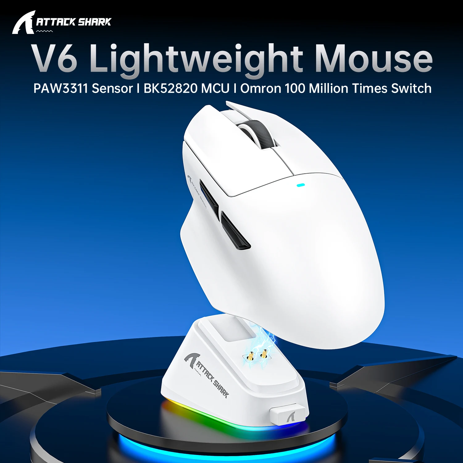 ATTACK SHARK V6  Wireless Gaming Superlight Mouse with RGB Magnetic Charging Dock,PAW3311 Sensor,Macro Gaming Mouse