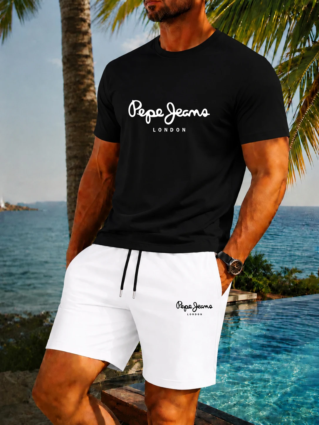 

2026 New Breathable T-Shirt Set, Vintage London Cursive Slogan Pepe Jeans Graphic Men's Crew Neck Tee & 5 Inch Shorts Suit, Outd
