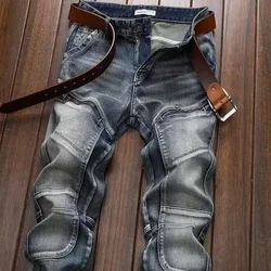 New Spring Autumn Wash Denim Korean Style Blue Designer Cowboy Cycling Motorcycle Splice Vintage Cargo Strech Pant Jean Trousers