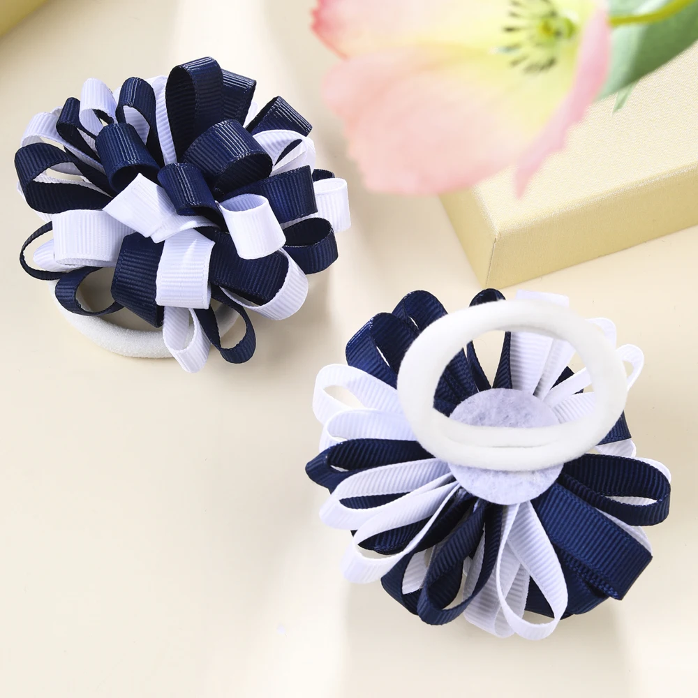 2PC Hair Ties for Girls Ribbon Ball Flower Elastic Hair Bands with 2.5 Inch Flower for Baby Girls Hair Accessories Headwear