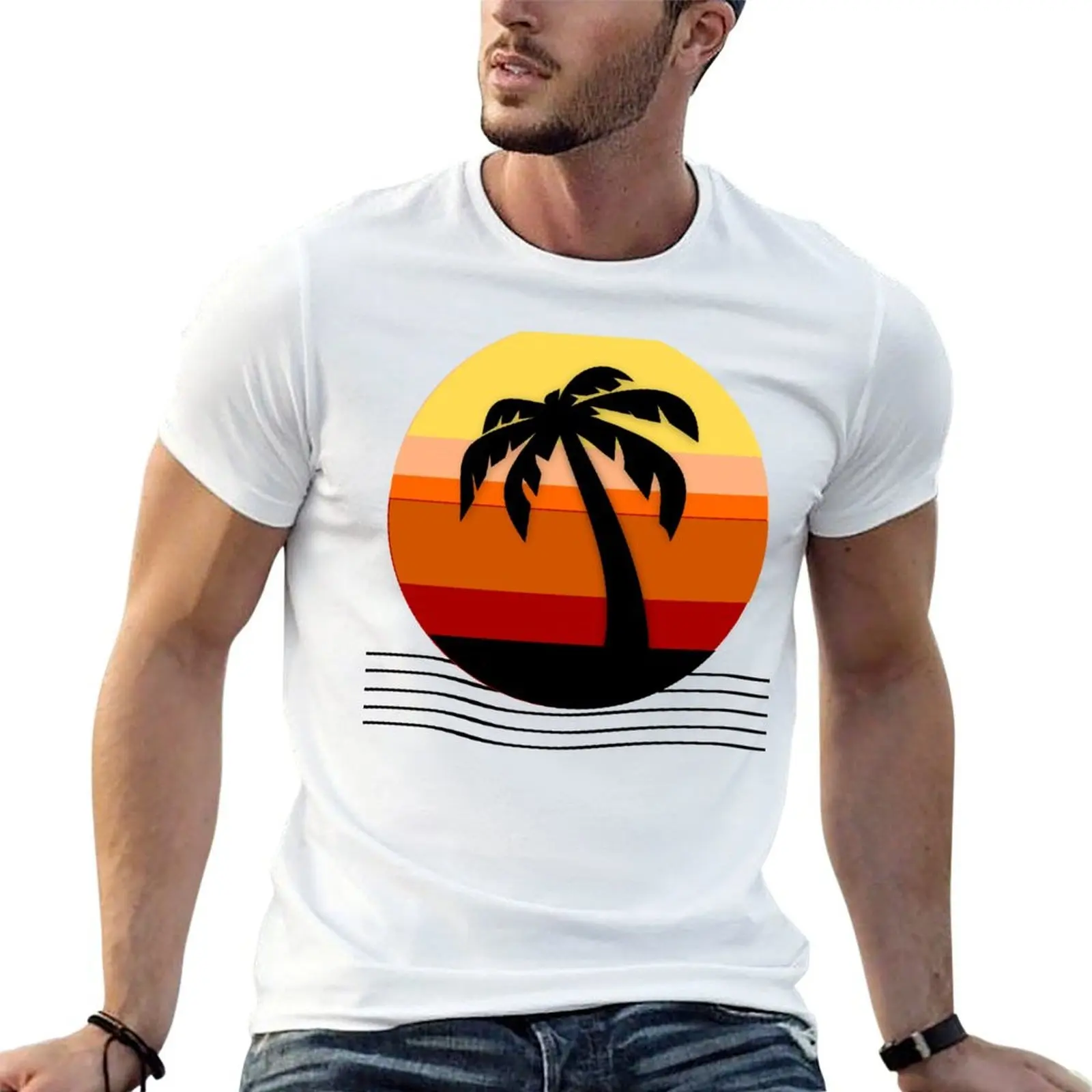 

80's Themed Beach With Waves And Palm Tree T-Shirt t shirt for man man t shirt luxury t shirt personalised T-Shirt