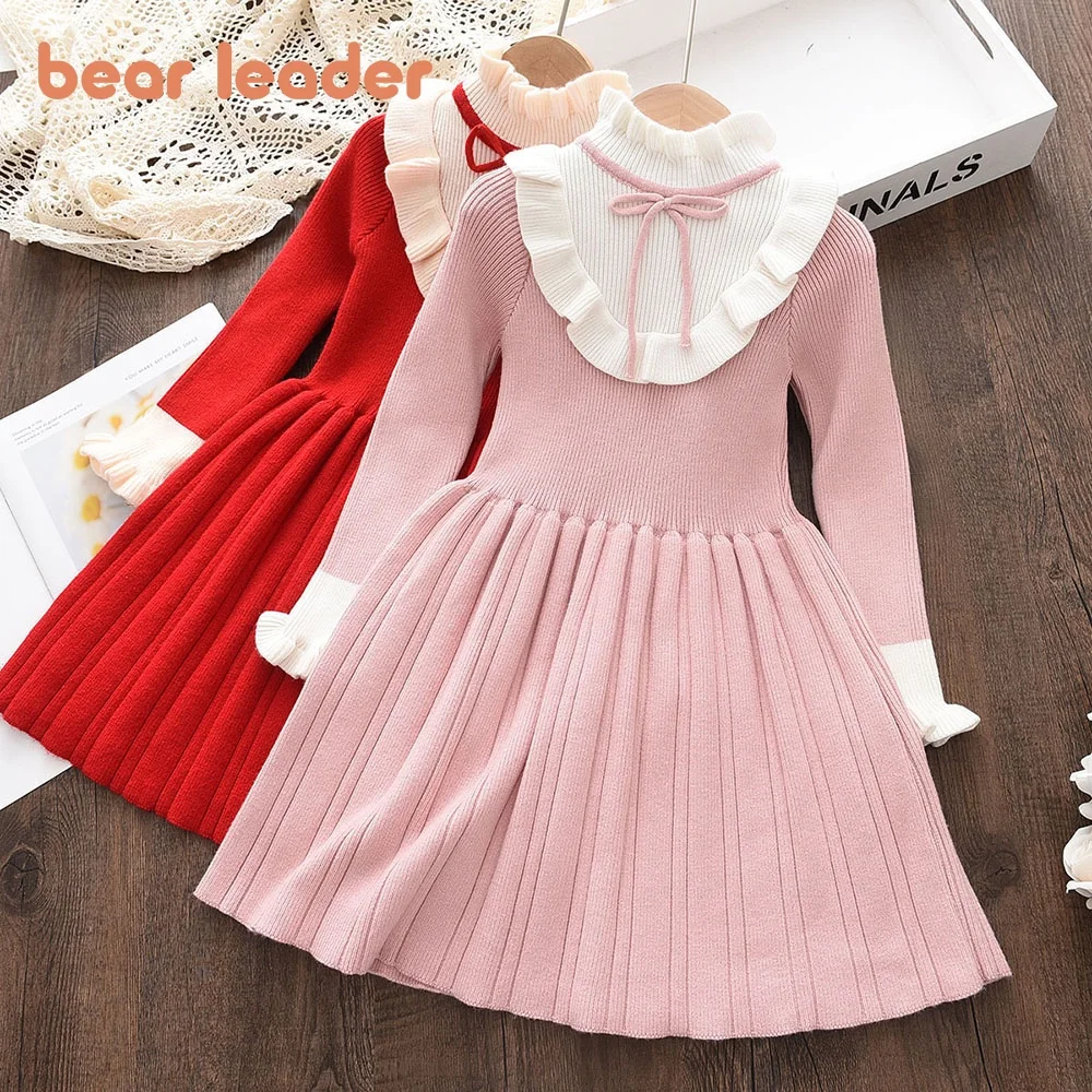 Bear Leader  Kids Dresses for Girls Lace Bow Patchwork Pleated Princess Dress Winter New Sweater Children Clothing