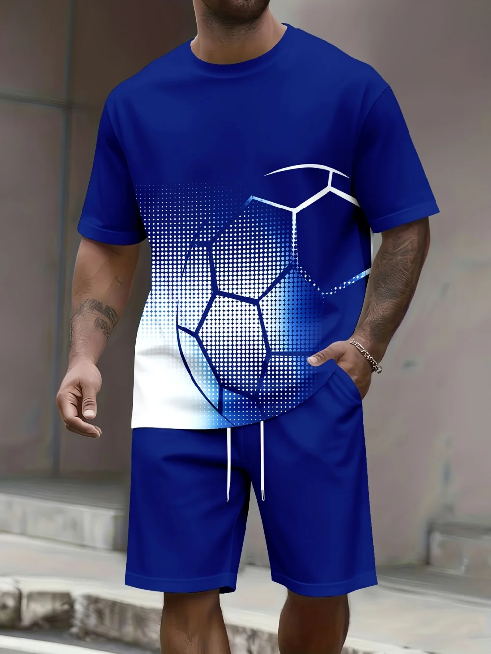 

Men's 2 Piece Set Soccer Print Short-Sleeve T-Shirts Drawstring Shorts Sets Breathable Sports Running Suit Man Summer Clothes