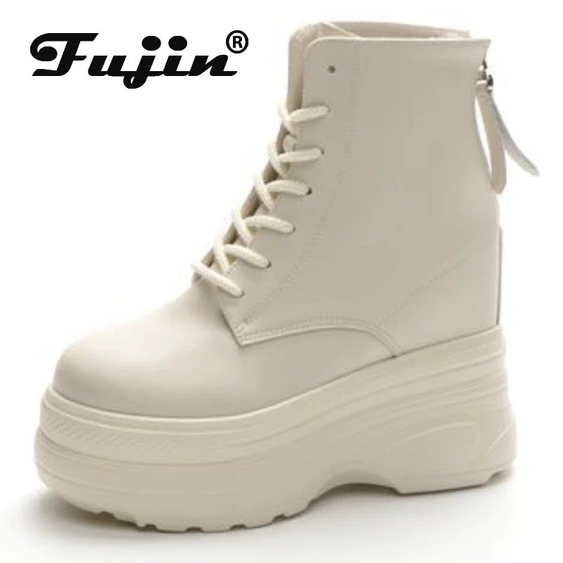 Fujin 11cm Microfiber Leather Durable Ankle Boots Wedge Spring Women Motorcycle Autumn Cushioned Platform Shoes