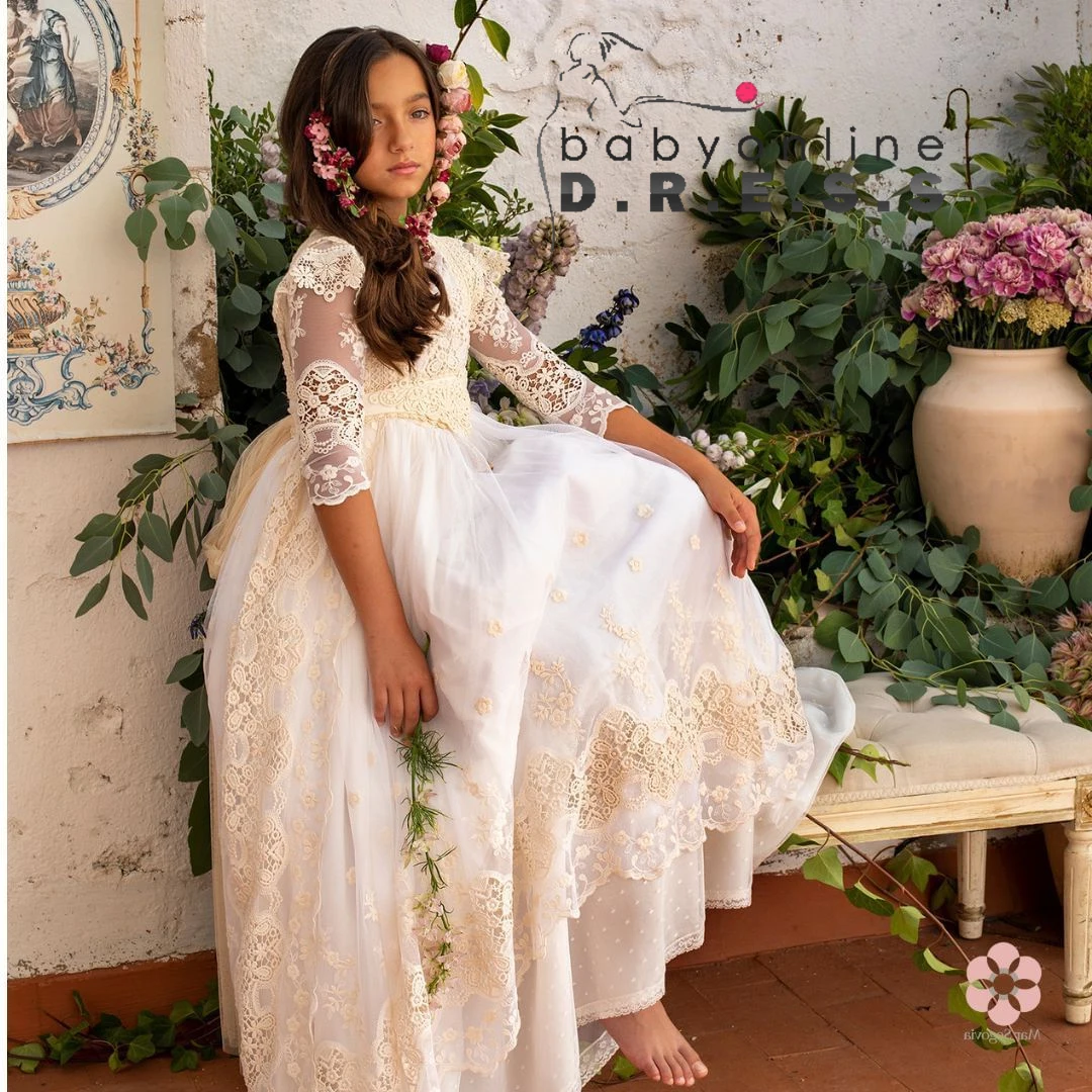 BABYONLIN vestidosdecomunion Ceremony Dress Bow Full Illusion Laces Half- Sleeve Double Layered Floral Belt Embroidery MiniBride