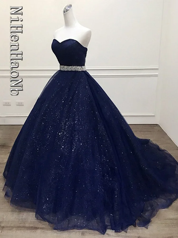 Luxury Black Long Quinceanera Dresses Sweetheart Crystal Beaded Tulle Ball Gown Sweet 15 Dresses