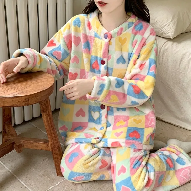 Plush Sleepwear Women Winter Warm Round Neck Button‑Down Long Sleeve Cozy Warm Soft Fleece Home Loungewear for Indoor Daily Wear