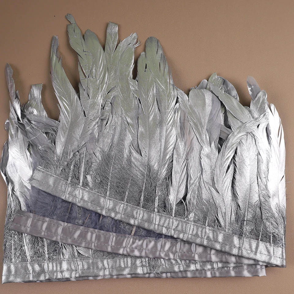 Rooster Cock Tail Feathers Trims 15-20cm Silver Golden Chicken Feathers Trims Strung Rooster Feather Trimming Carnival Costume