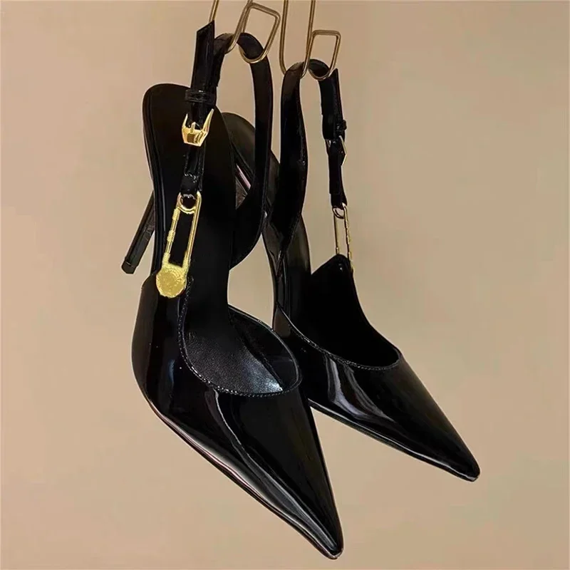 2025 New Spring/Summer Pointed Rhinestone High Heels, Women\'s Black Slim Heels, French Versatile, Sexy Hollow Headed Sandals