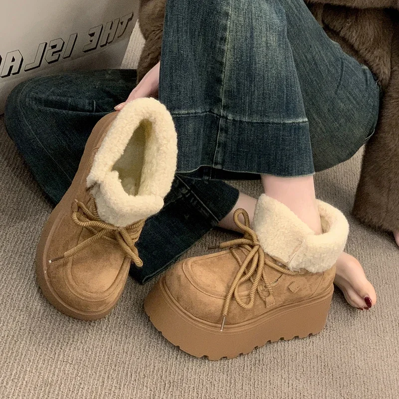 

Winter Chunky Platform Heel Women Fur Snow Boots Comfort Height Increase Shoes Street Style Warm Cotton Short Booties Shoes