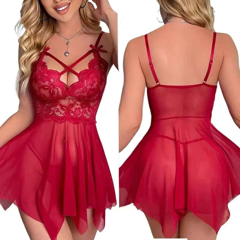 Hot Women's Mini Short Section Exposed Hip Night Dress Lace See-through Plus Size Lingerie With G-string Sexy Wedding Sleepwear