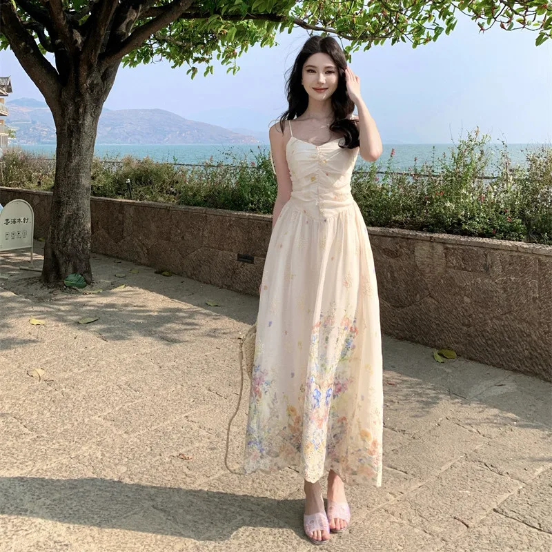

Elegant Embroidery Floral Holiday Beach Long Dress Women Summer Sleeveless Spaghetti Strap Backless Fairy Dress Birthday Dresses