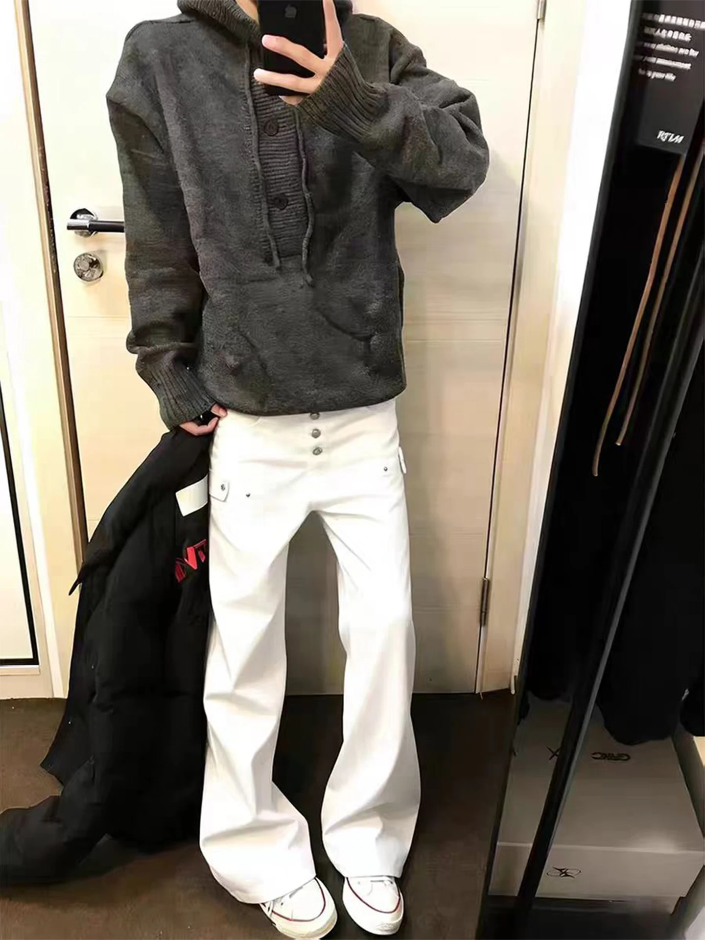 

American Sle Metal Button Wide Leg Jeans Men's Spring Design Cleanfit Micro Flare Pants Straight Cut Loose Fit Jeans