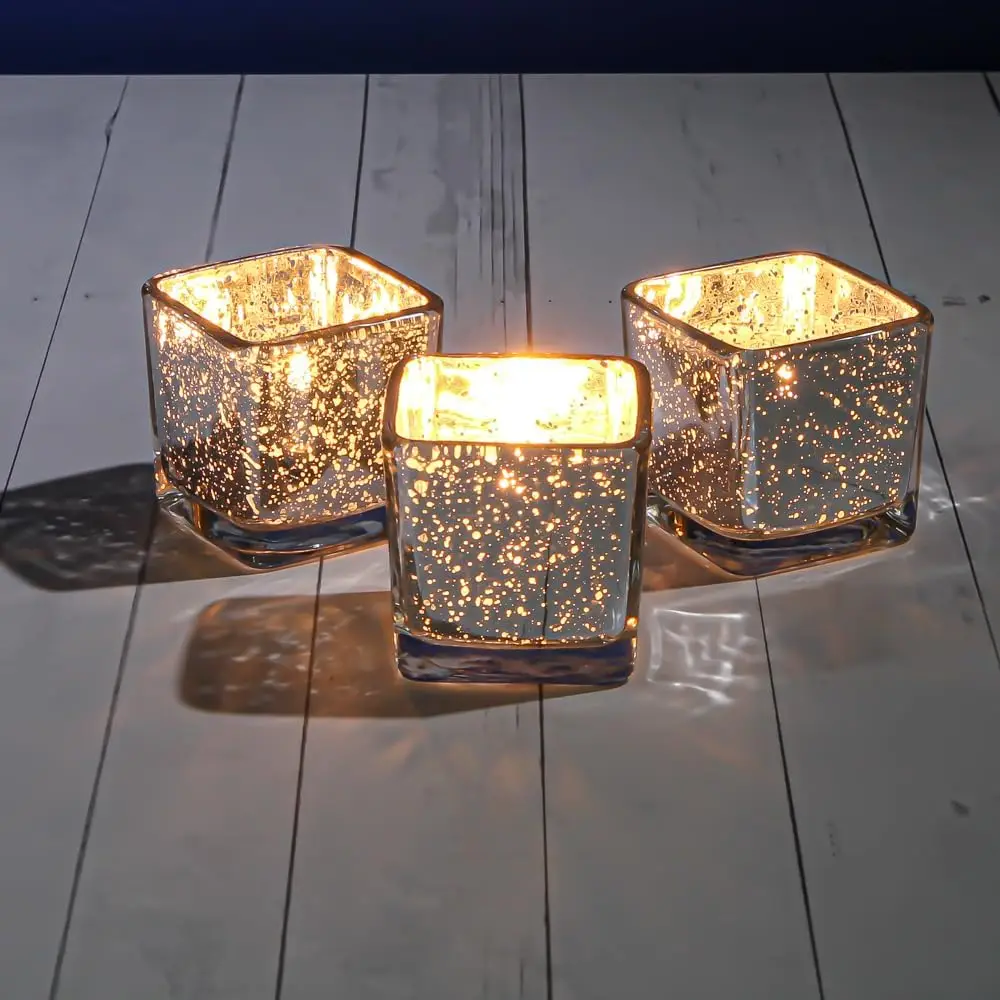 Silver Mercury Square Votive Holders Set of 72 Extra Thick Premium Quality Glass Dappled Mercury Finish Modern Design