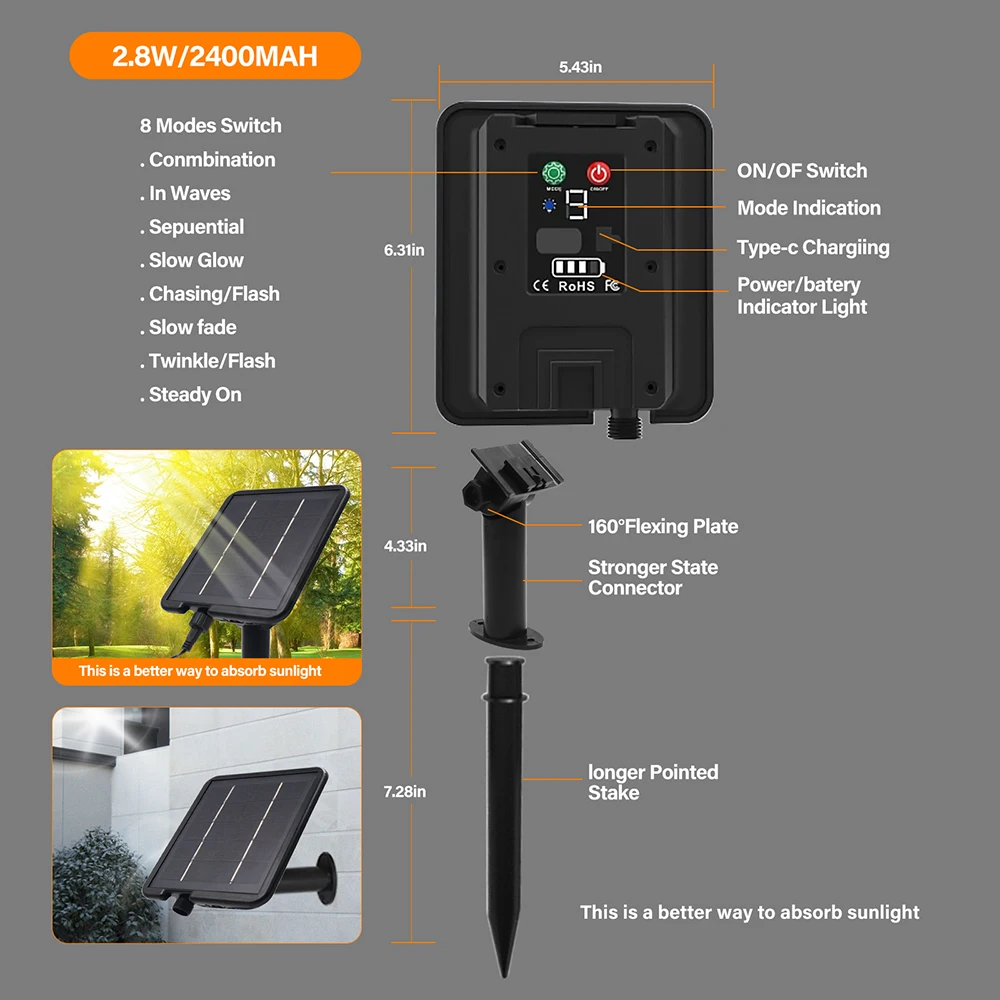Solarpanel-Box-Controller, 24 V, wasserdicht, mit 8 Blitzmodi, Kabel, 2-poliger Stecker auf Buchse, LED-Lichterkette, Outdoor-Dekoration – Detail 10