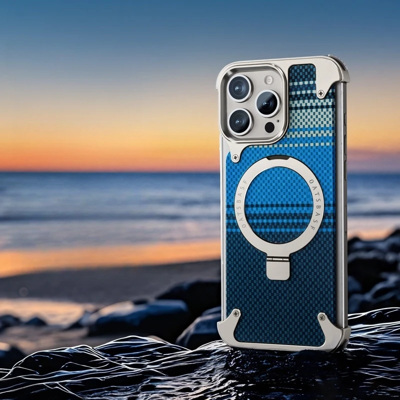 

Luxury Carbon Fiber Aluminum Alloy Anti Drop Phone Case For iPhone 16 Pro Max Strong Magnetic Bracket Protective no border Cover