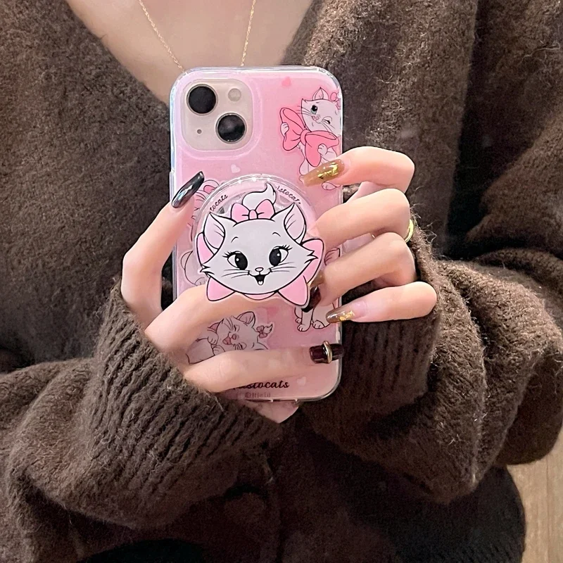 Cute Cartoon Disney Marie Cat Magnetic Holder Magsafe Wireless Charge Phone Case For iPhone 15 14 13 12 11 Pro Max Hard Cover