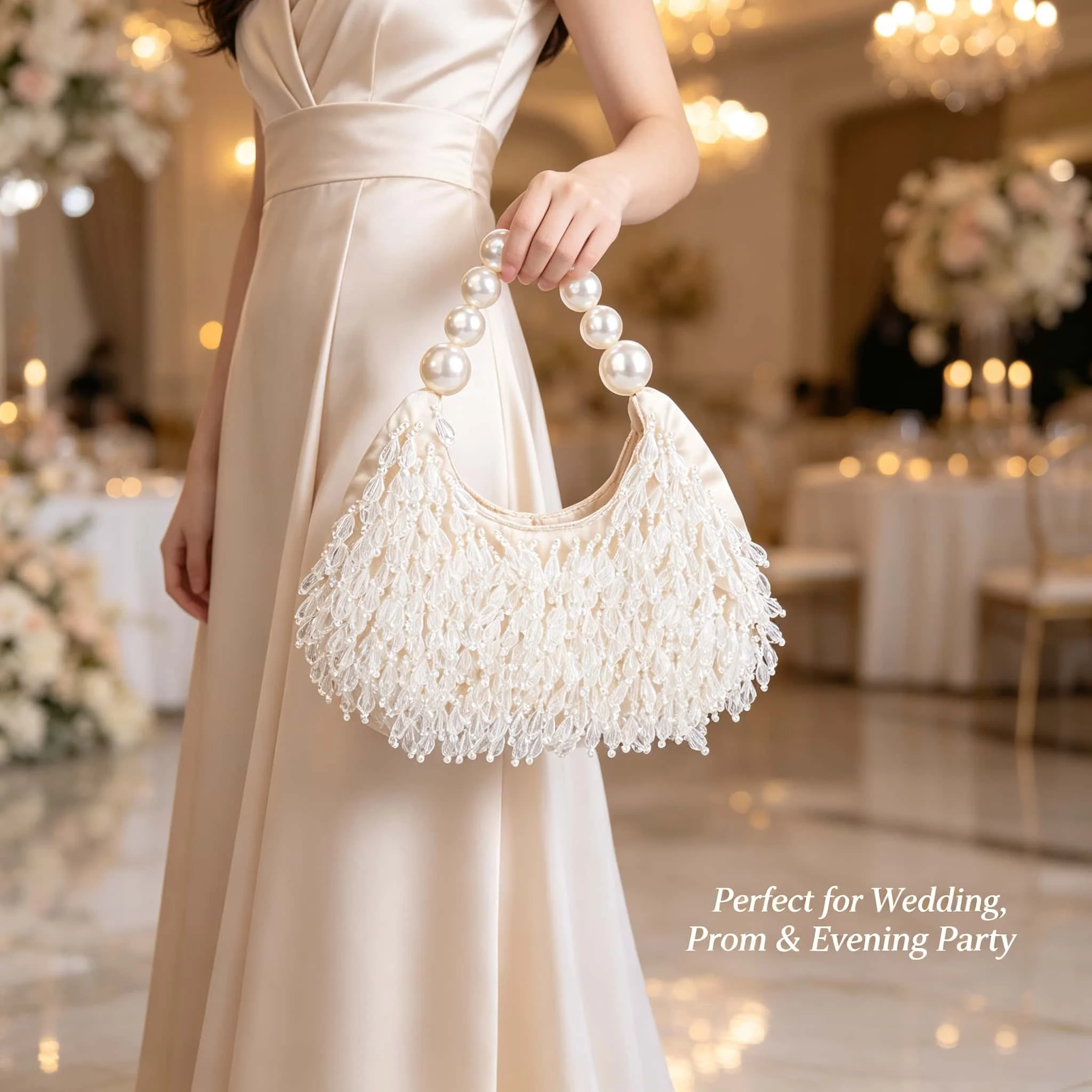 Luxurious Pearl Tassel Evening Bag, Large Pearl Handbag with Handle, Bridal Wedding Bag, Party Dress Clutch Bag