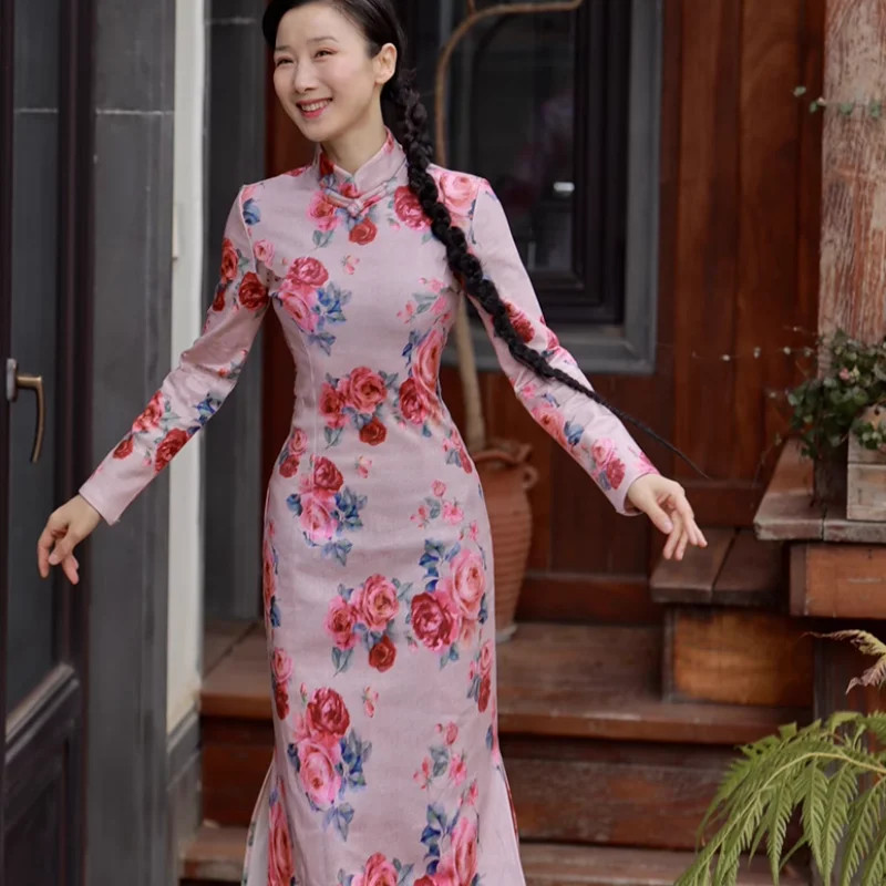 

Китайский ретро женский розовый цветок римский тканевый Cheongsam