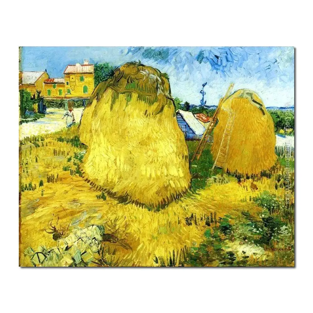 

Landscapes Canvas Artstacks of Wheat Near a Farmhouse Vincent Van Gogh Famous Oil Paintings Reproduction Hand-painted Home Decor