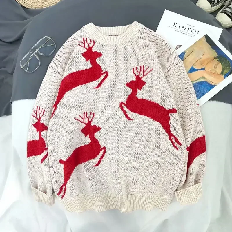Autumn/winter Korean Style Loose Fit Christmas Deer Pullover Sweater For Men Women Casual Knitted Top Crew Neck Sweater 2025 NEW