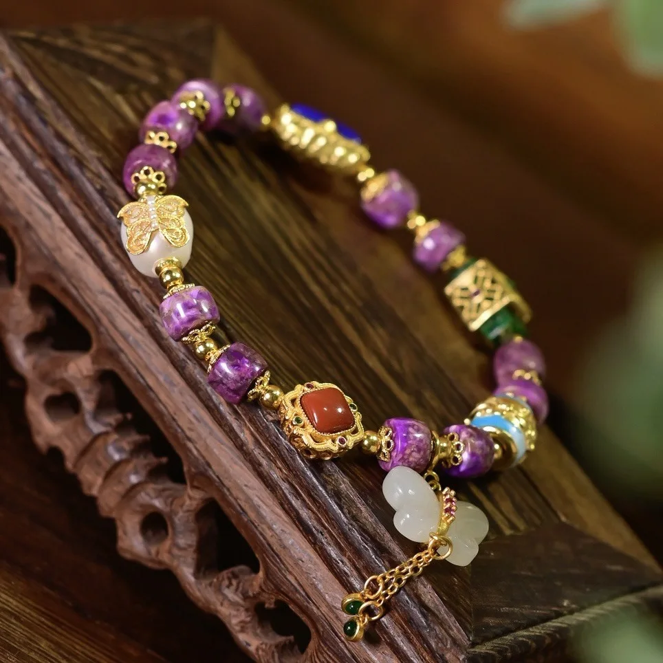 Natural Sugilite Bracelet, Lapis Red Agate Mellow Green Dry Jadeite Hetian Jade, Chinese Style Gemstone Jewelry Gift for Women