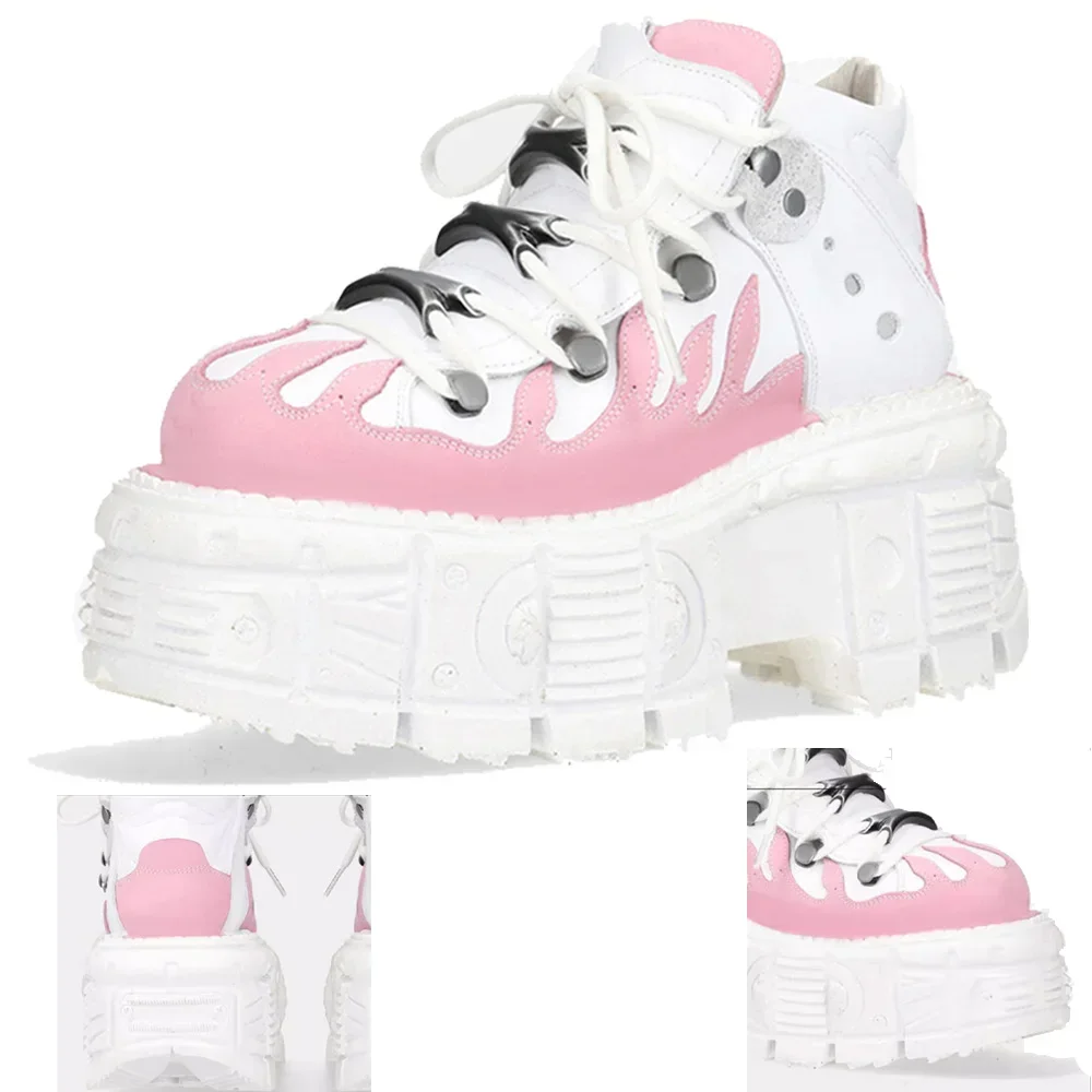 

White Pink Women Genuine Leather Motorcycle Boots New Fashion Punk Chunky Heel Ankle Boots Round Toe Platform Metal Shoes