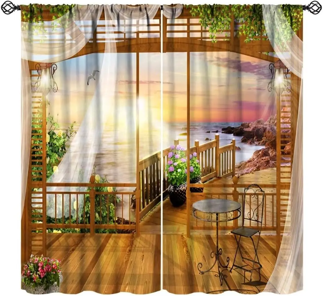 Cortinas con Diseño de Atardecer y Océano, Cortina con Vista de Playa, Olas del Mar, Verano Tropical, Paisaje Costero, Aislamiento Térmico, Cortina Opaca para Ventana
