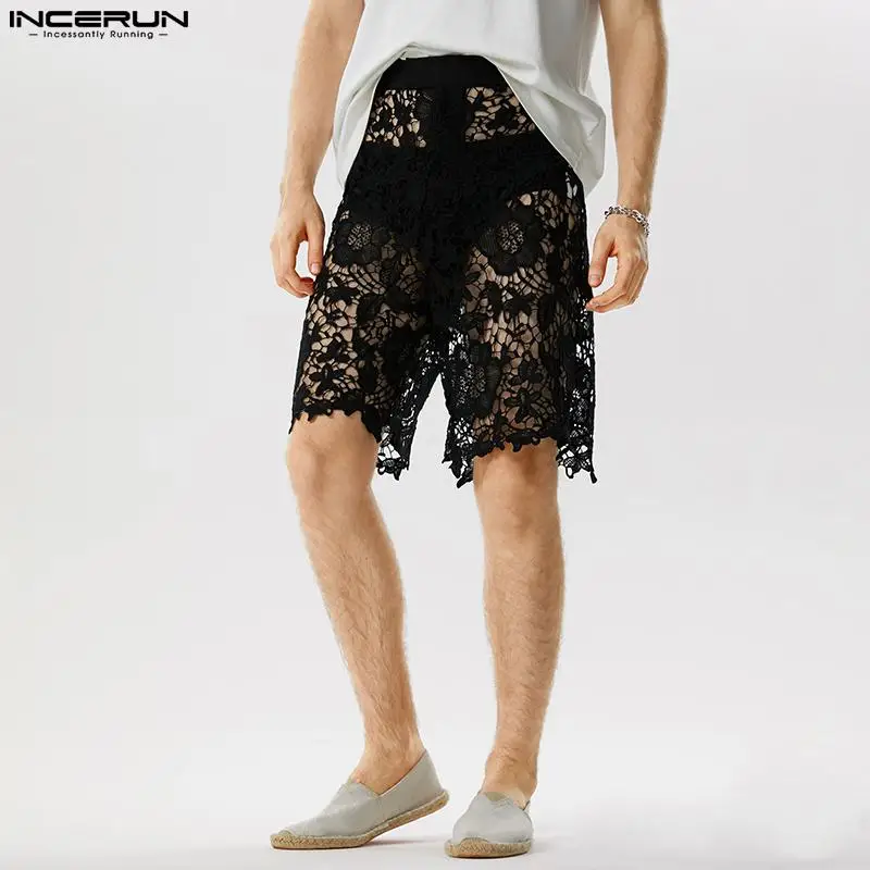 Stylish Well Fitting Men\'s Shorts INCERUN Lace Printed Hollow Design Shorts Casual Party Show Sexy See-through Mesh Shorts S-5XL