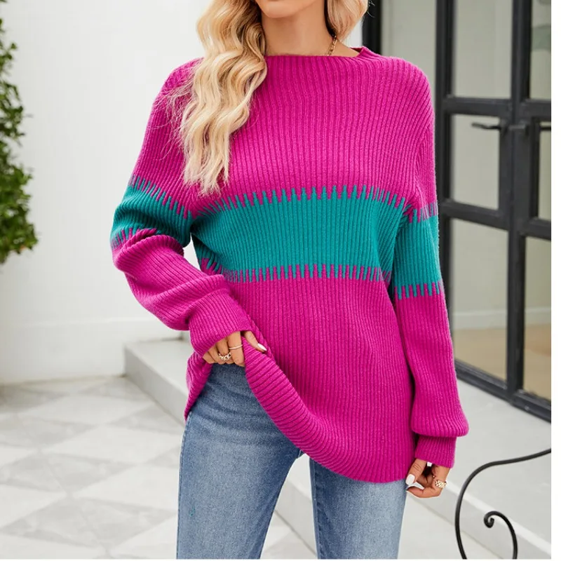 Autumn and Winter Women's Pullover Half High Collar Contrast Screw Thread Patchwork Long Sleeve Sweater Knitted Bottom Tops