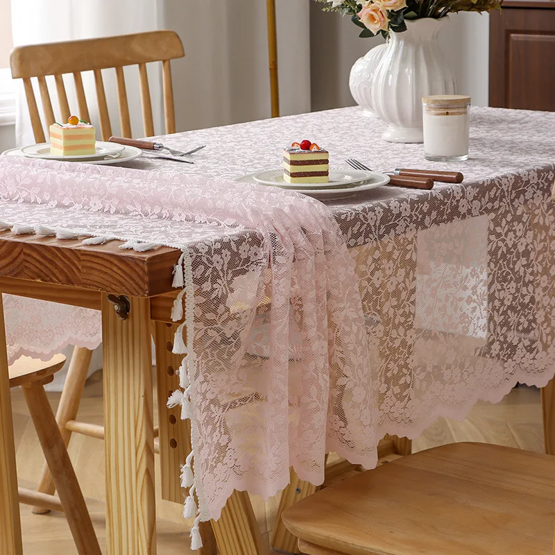 French Floral Tassels Tablecloth with Pastoral Style Jacquard Lace Table Cloth Kitchen Party Dining Table Fabric Art Decoration