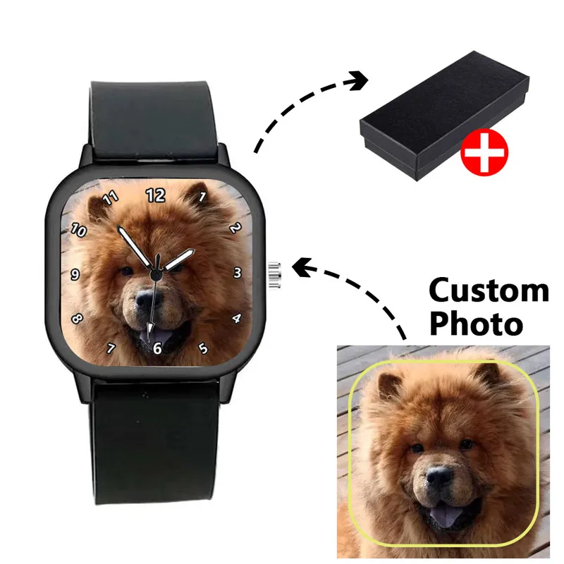 Modemerk Herenhorloge Zwart Siliconen Vierkant Aanpasbaar Fotoprint Pet Cartoon Logo Ontwerp Quartz Dameshorloges