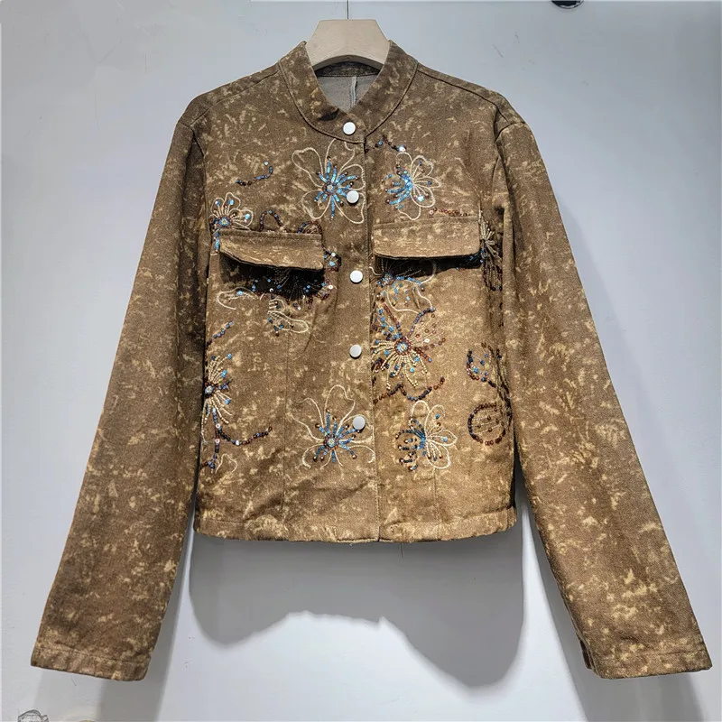 

Spring Fashion Sequins Embroidery Flowers Coffee Color Short Denim Jacket Women Casual Stand Collar Long Sleeve Jeans Jackets
