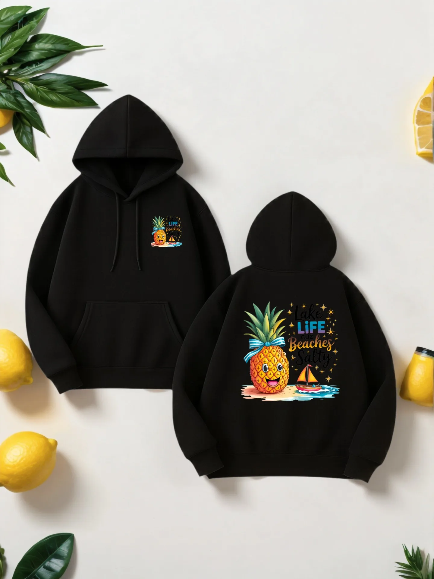 Men’s Graphic Hoodie, Casual Style with Cartoon Pineapple Print, Soft Fabric, Vacation Outfits for Men