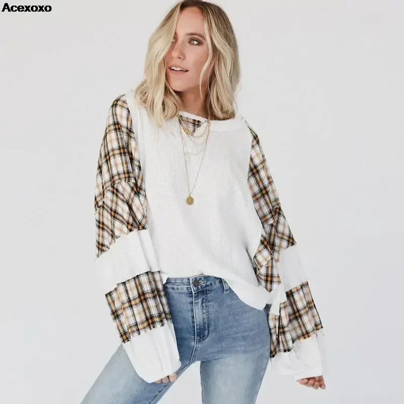 

2023 autumn new checked wool splicing fashion casual loose long-sleeved top
