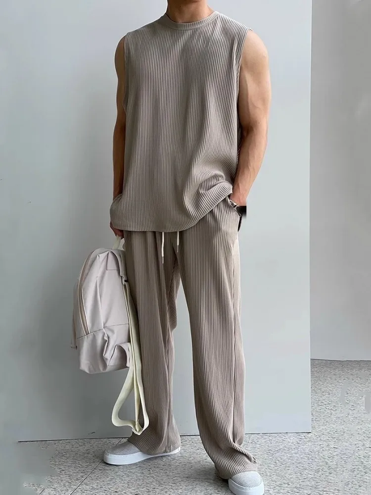 Mens Summer O-Neck Fashion Pullover Tank Top Loose Fit Drawstring Straight Pants Two Piece Set Solid Color Mens Casual Tracksuit