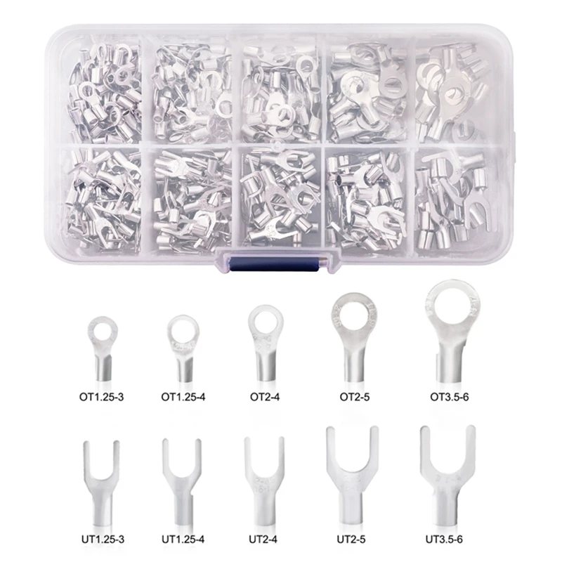 200/320Pcs Crimp Spade Terminals Non-Insulated Ring Fork U-Type Brass Terminals Assortment Kit Cable Wire Connector