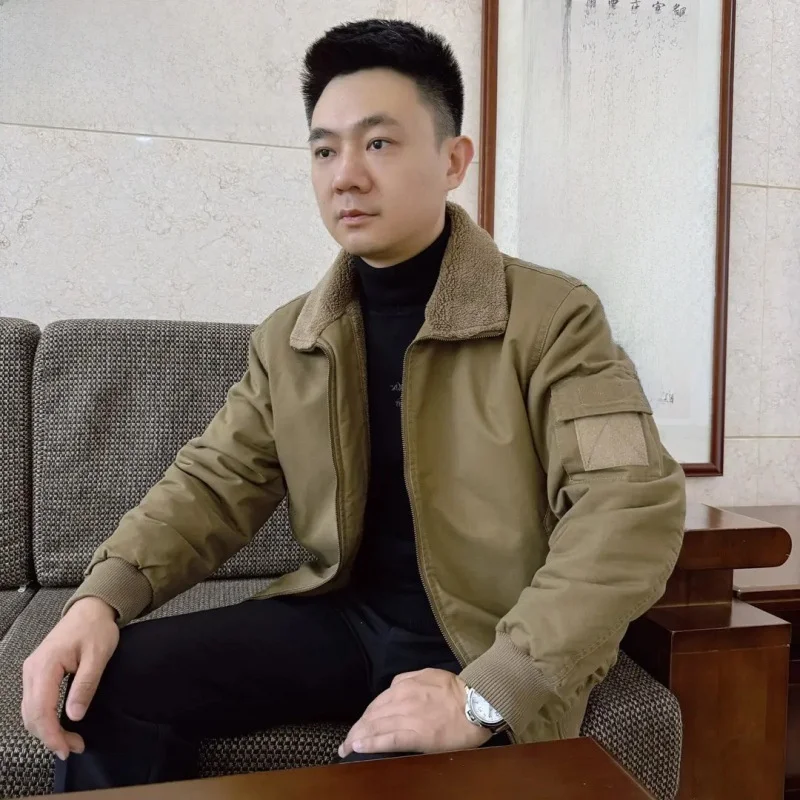 

Gikong Gold Pure Cotton Lamb Fur Collar Jacket Winter New Air Force Flight Coat Removable Quilted Long Loose Fit Men's Coat