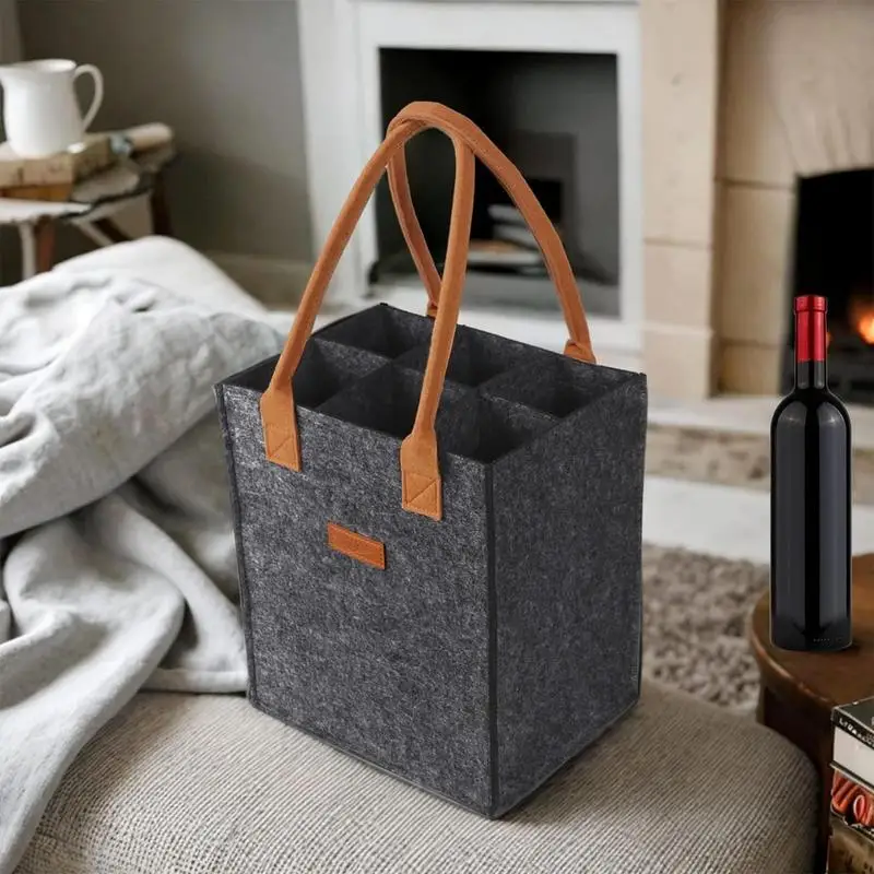 Wine Glass Tote Bag 6 Partitions Felt Wine Tote Bag Travel Wine Bottle Case Hand Beer Bag Reusable For Snacks Knitting Supplies