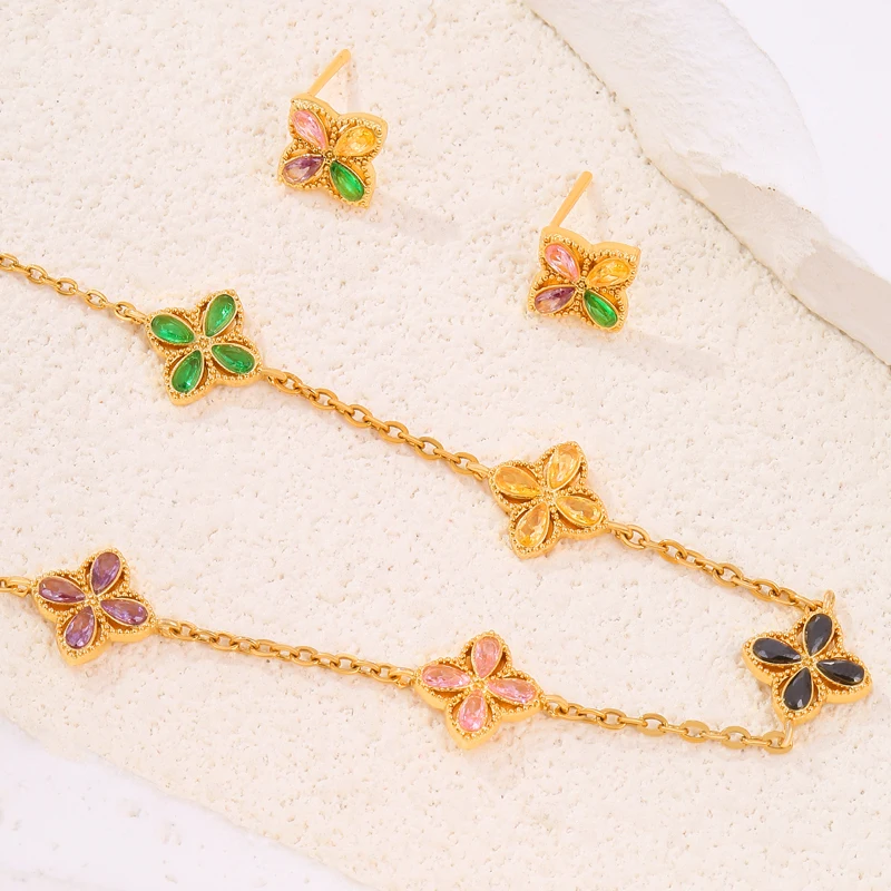 18k PVD Gold Plated Stainless Steel Four-leaf Clover Necklace Earrings Suit for Women New Trend Fashion Waterproof Jewelry Set