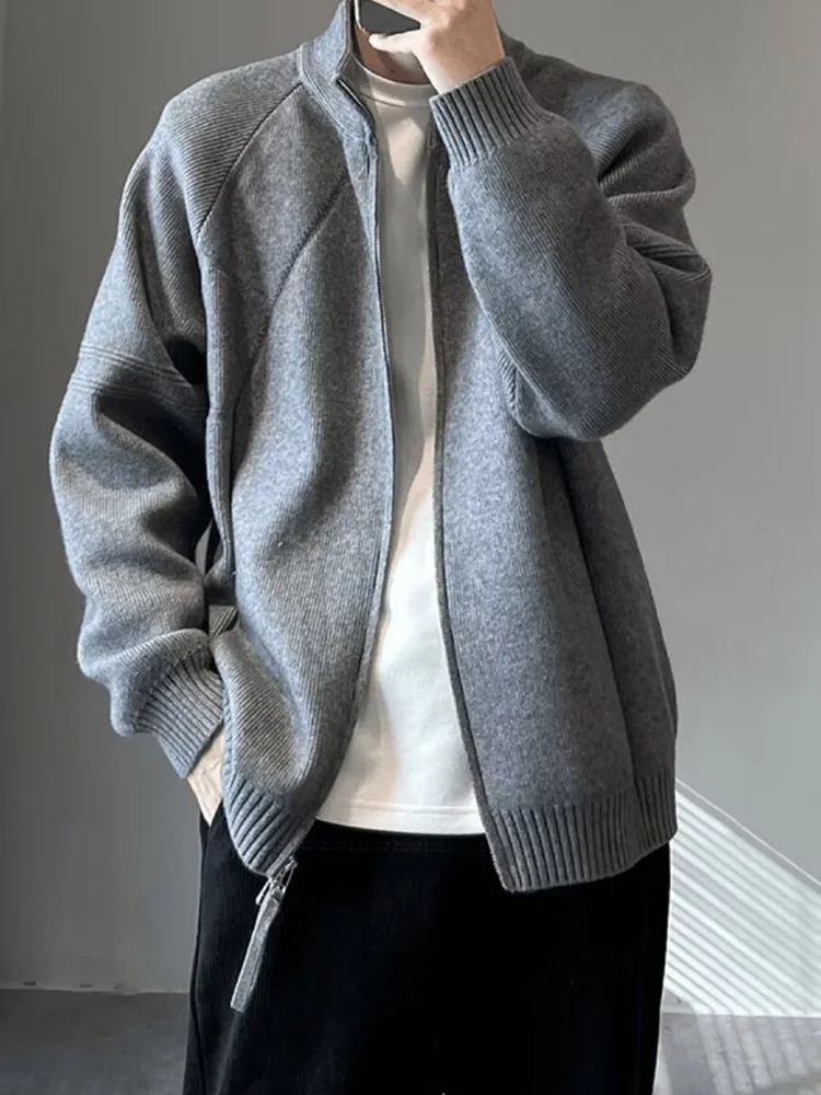 

ay Cardigan Sweater Men's Autumn Winter Lazy Sle Knitted Pure Color Stand Collar Double Zipper Jaet Trendy Brand Casual...