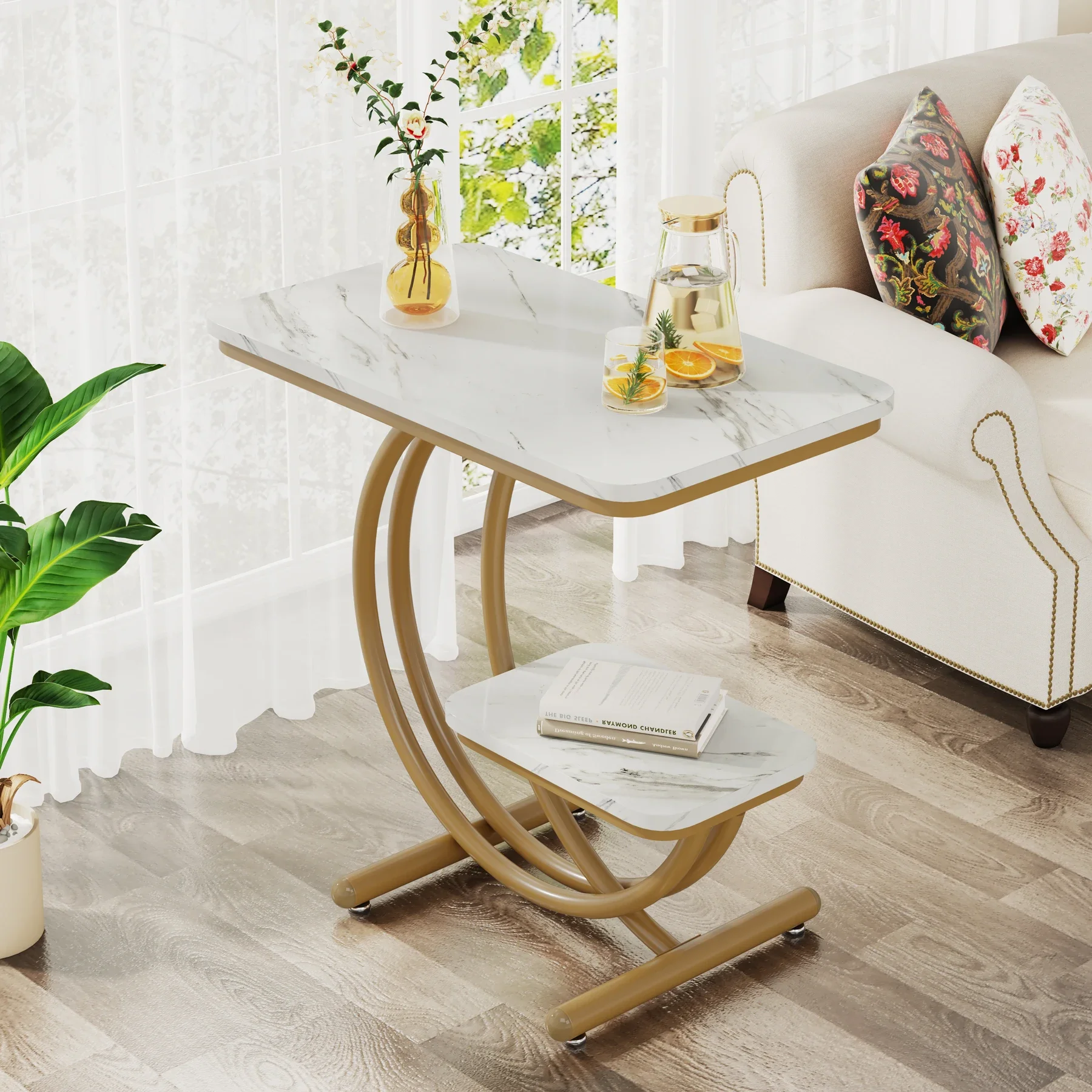 Modern Side Table with Faux Marble Tabletop, 2-Tier End Table with C-Shaped Metal Legs for Living Room