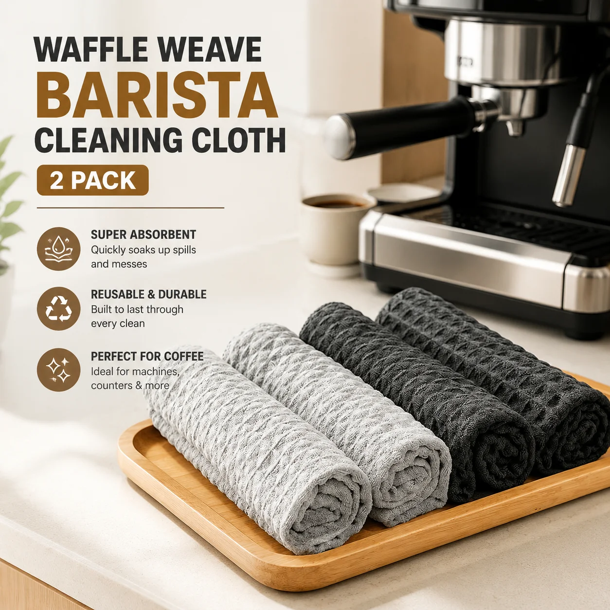 Waffle Weave Barista Cleaning Cloth 2 Pack, Absorbent Reusable Coffee Machine Cleaning Towel for Kitchen Bar Counter Stain