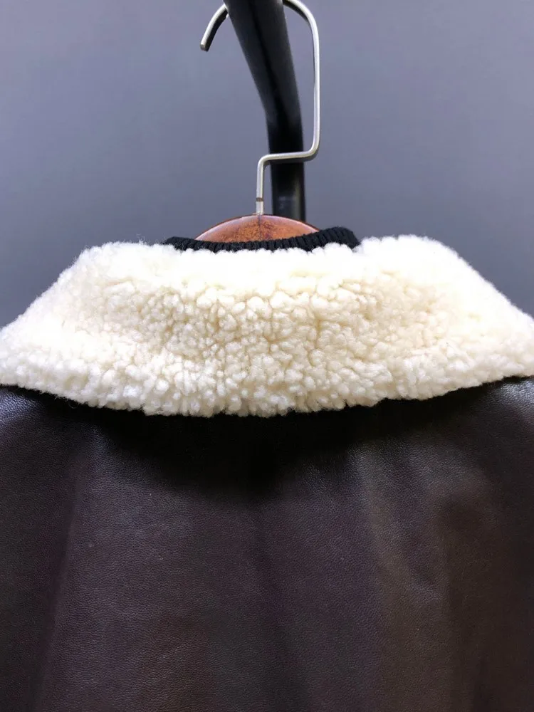 Vintage femmes chaud rembourré manteau col en laine coupe ample simple boutonnage en peau de mouton en cuir véritable veste décontracté moto pardessus