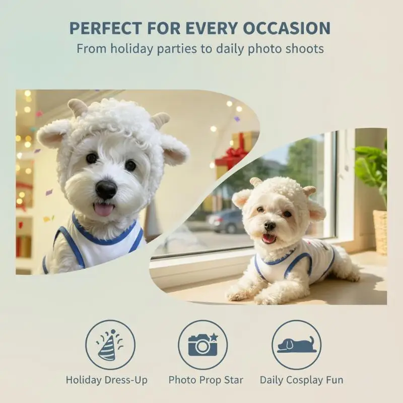 Cute Fluffy Plush Sheep Shaped Dog Hat With Horns Soft Comfortable For Pet Cosplay Party Photos