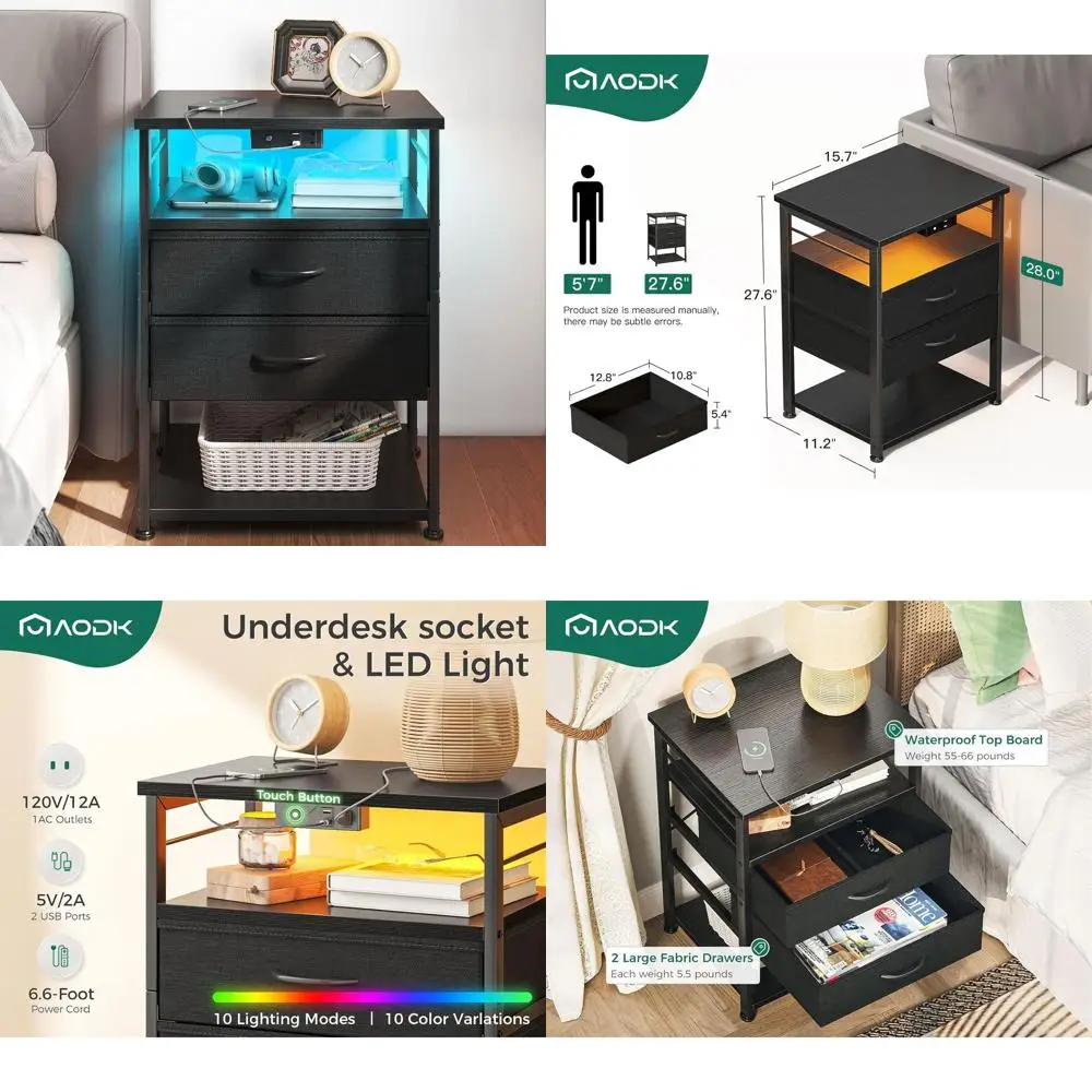 

Black 4-Tier Charging Station Nightstand with Drawers for Bedroom, Tall Storage Side Table