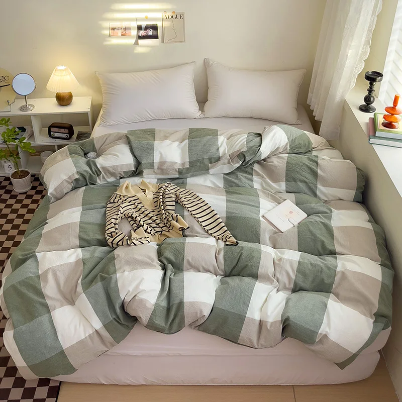 Geometric Grid Cotton Duvet Cover Green Grey Plaid Reversible Print Comforter Cover Fashion Simple Home Bedroom Soft Quilt Cover