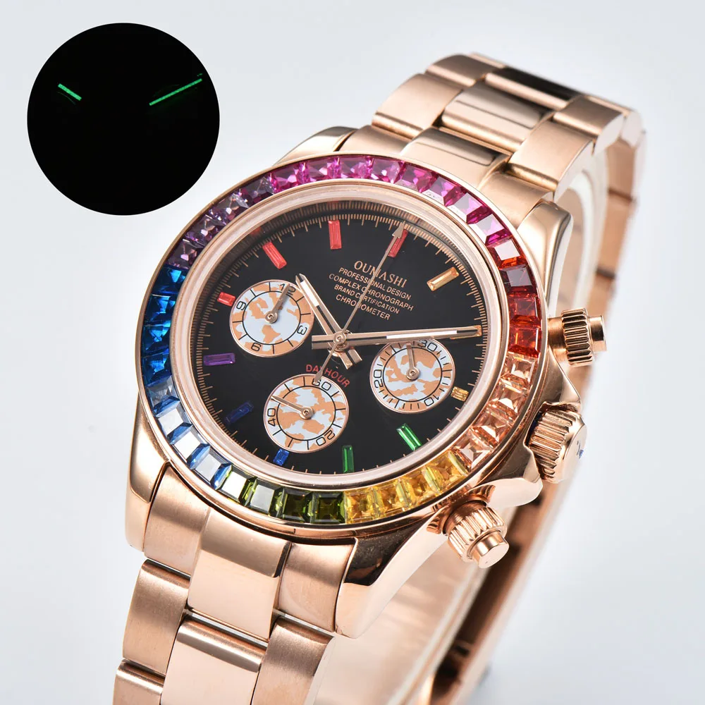 นาฬิกาควอตซ์ VK63 หรูหราสำหรับผู้ชาย ขนาด 39.3 มม. พร้อมขอบหน้าปัดประดับเพชรและหน้าปัดประดับคริสตัล สายสแตนเลสสตีล 316L สามารถสั่งทำโลโก้ได้