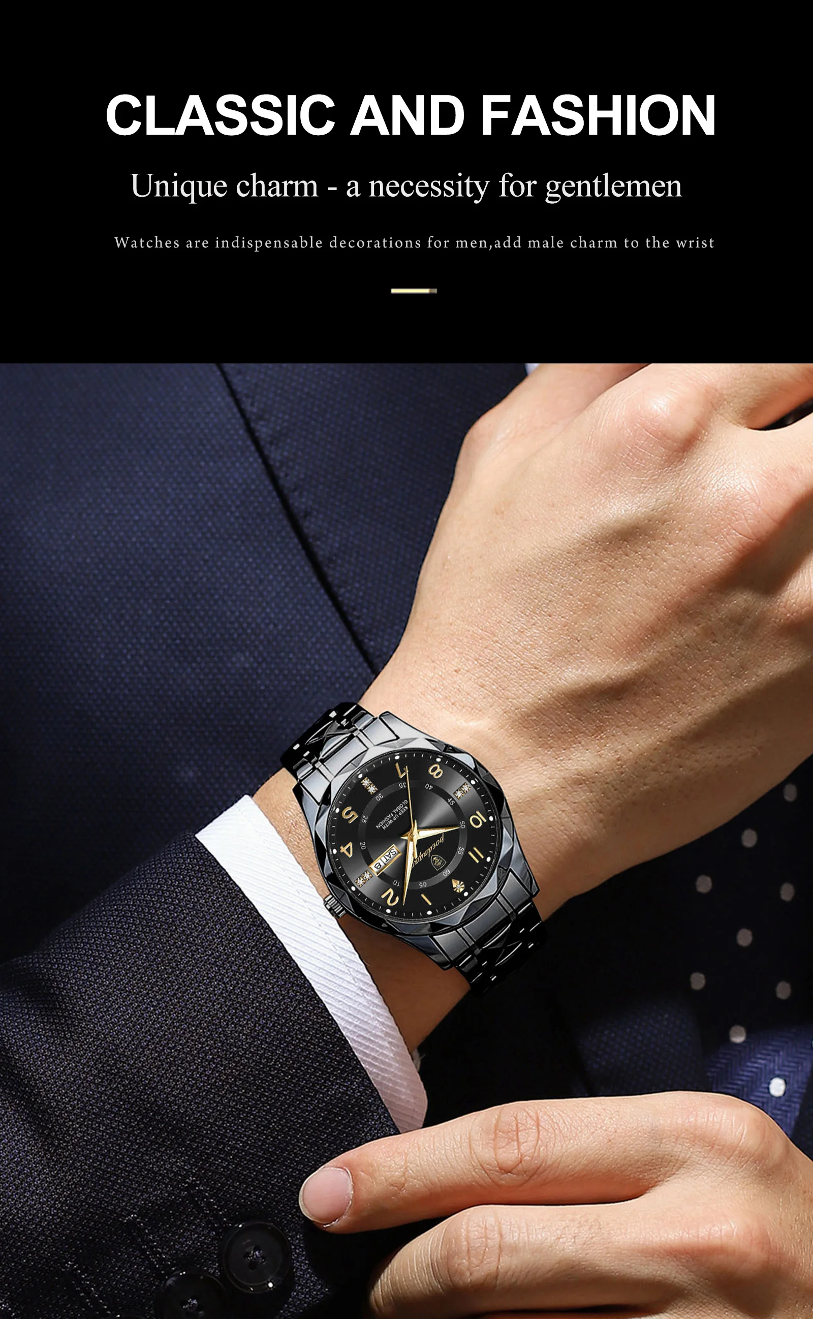 POEDAGAR Modische Luxus-Herrenuhr, Wasserdicht, Leuchtend, Quarz-Armbanduhr, Edelstahl, mit Datums- und Wochenanzeige, Casual-Herrenuhr, Reloj – Detail 5